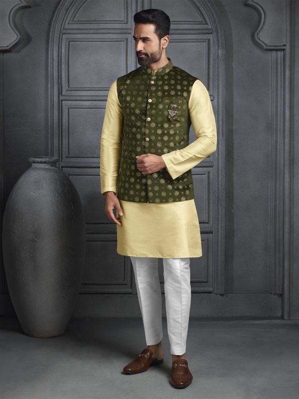 Cream Mens Kurta Pyjama Set With Nehru Jacket