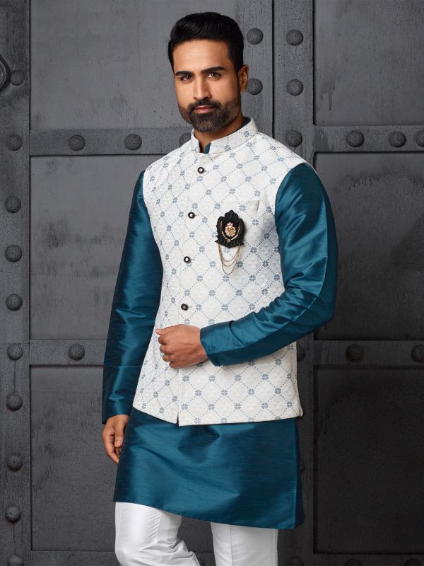 Teal Blue Kurta Set In Silk With Nehru Jacket