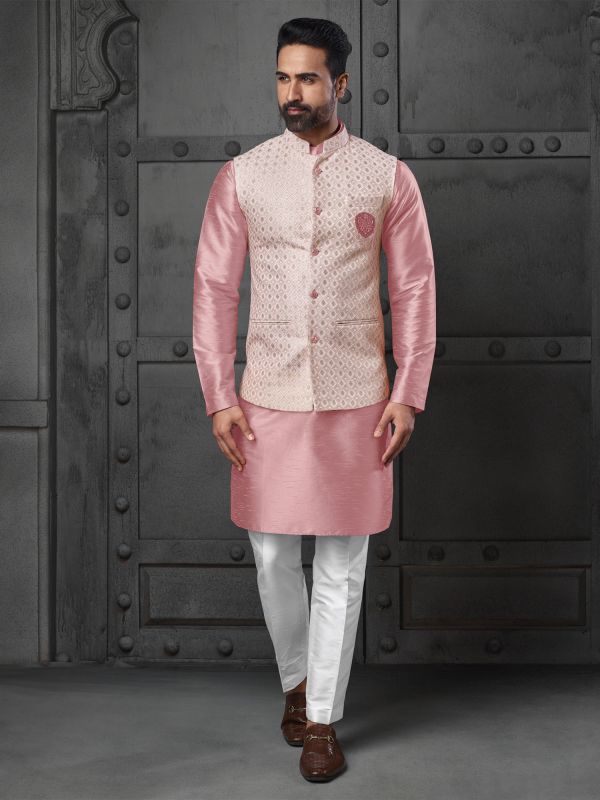 Baby Pink Silk Kurta Pyjama Set In Silk With Nehru Jacket