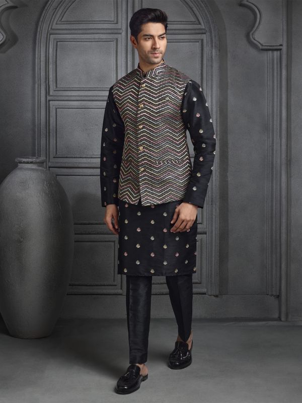 Black Silk Kurta Set With Embroidered Nehru Jacket