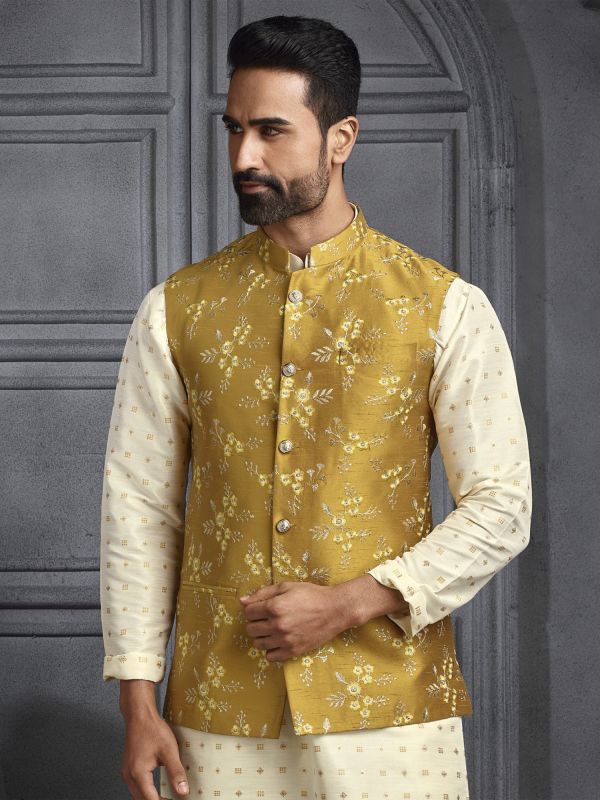 Cream Mens Silk Kurta Set With Nehru Jacket