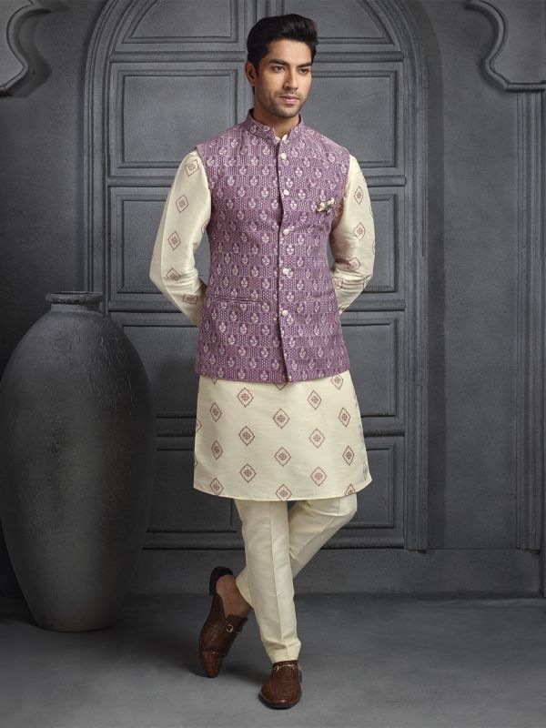 Cream Festive Mens Kurta Set With Nehru Jacket