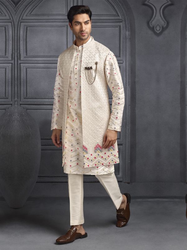 Cream Mens Silk Emroidered Long Open Jacketed Kurta Set