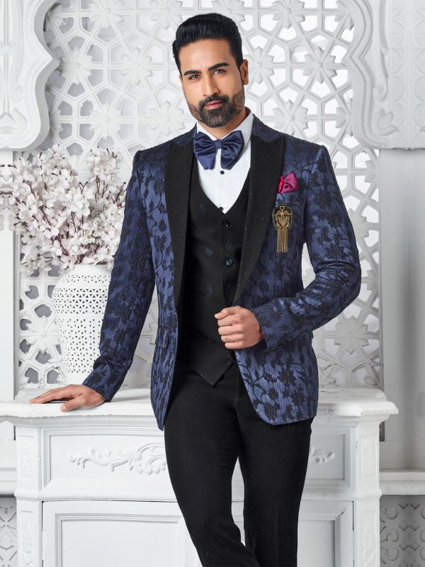 Navy Blue Self Floral Designed Mens Tuxedo