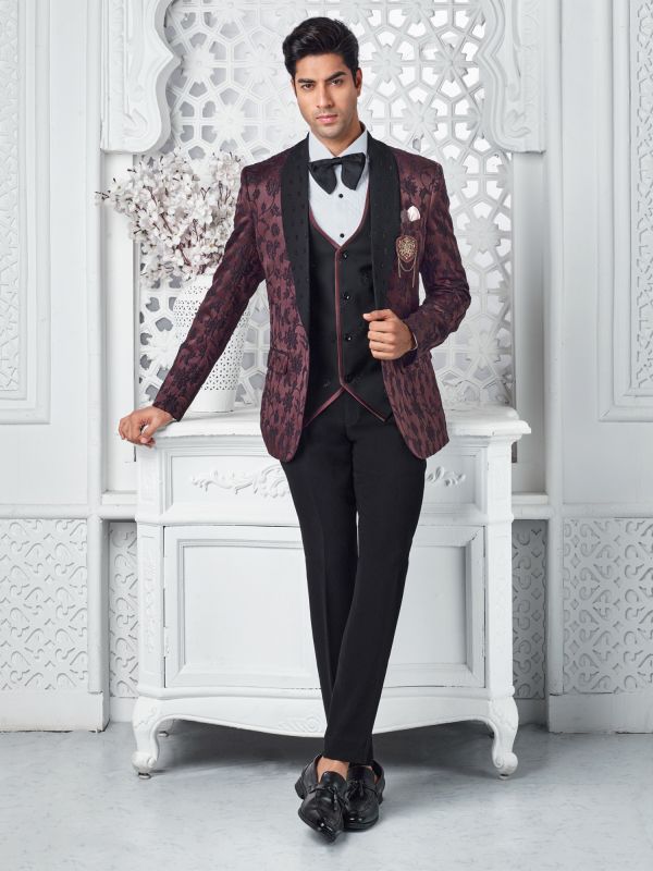 Wine Self Embroidered Tuxedo Suit For Mens