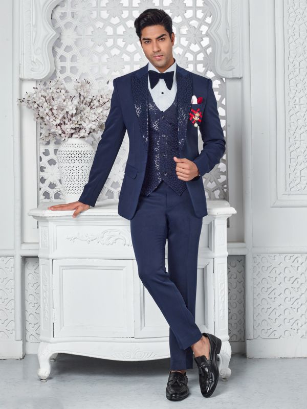 Navy Blue Mens Tuxedo In Sequins Work