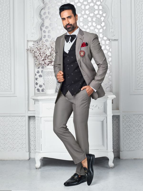 Grey Mens Stylish Three Piece Tuxedo Set