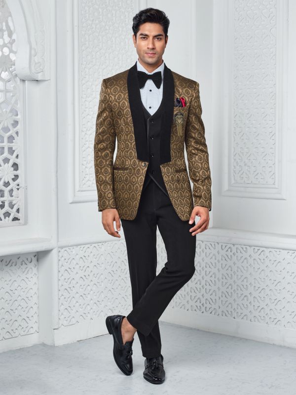 Golden Stylish Tuxedo Set For Mens In Jacquard