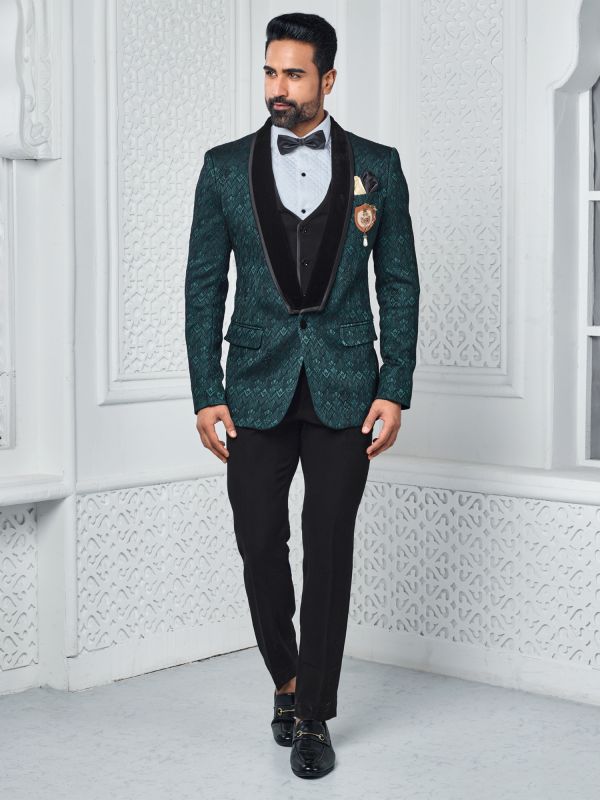 Teal Green Embroidered Three Piece Tuxedo Set