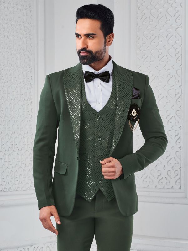 Army Green Stylish Mens Three Piece Tuxedo Set