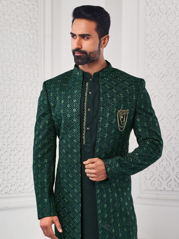 Dark Green Indowestern Set For Mens With Open Jacket