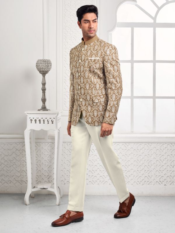 Beige Thread Embroidered Bandhgala Jodhpuri Suit