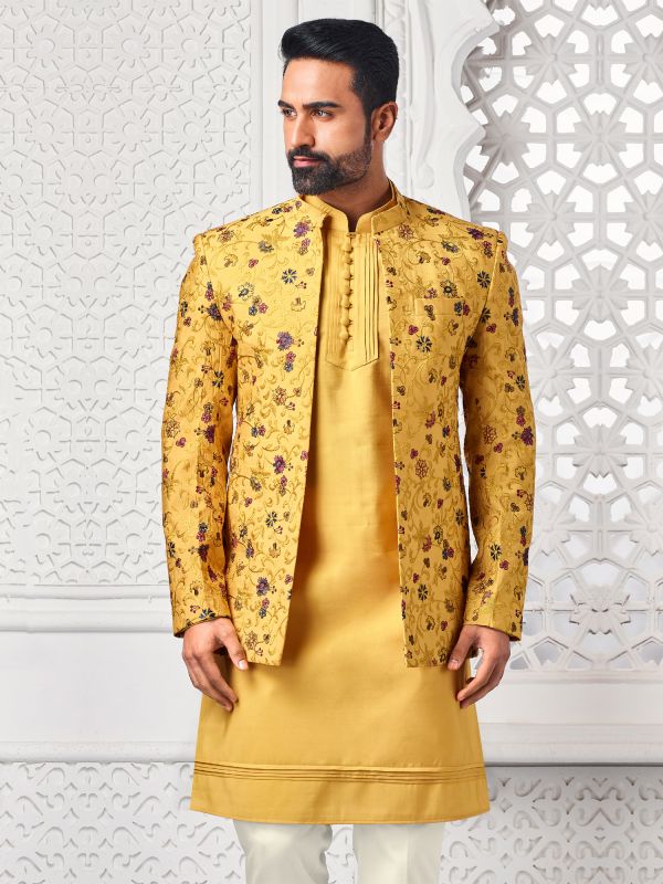 Golden Yellow Jacketed Kurta Set In Indowestern Style