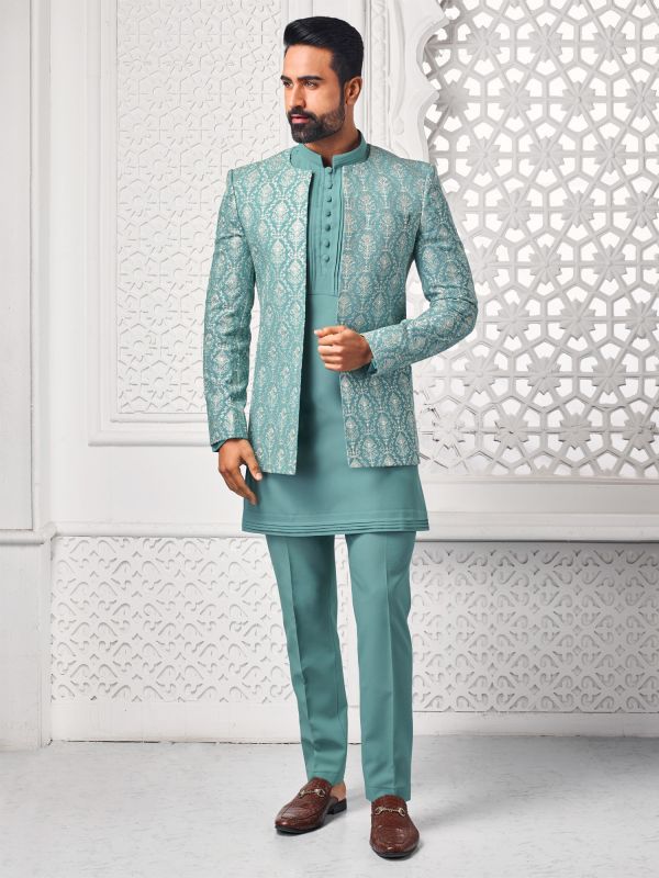 Turquoise Blue Silver Weaving Mens Jacketed Indowestern