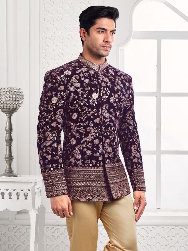 Wine Bandhgala Jodhpuri Suit In Floral Zari Work