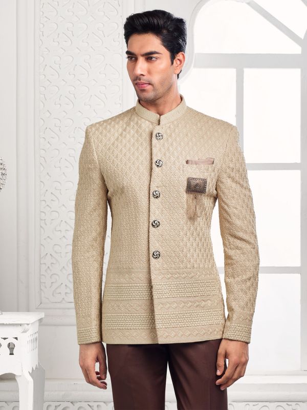 Beige Mens Bandhgala Jodhpuri Suit In Self Embroidery