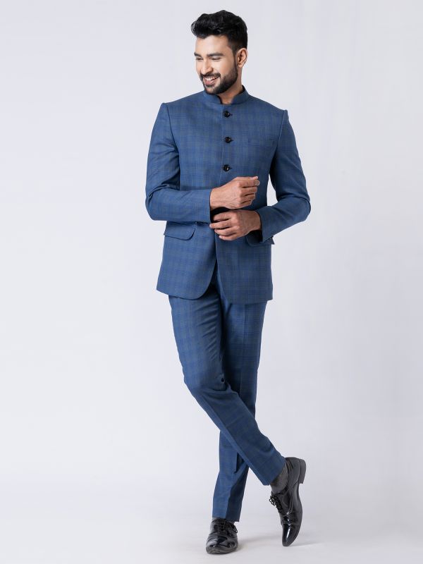 Sky Blue Checks Printed Mens Jodhpuri Set