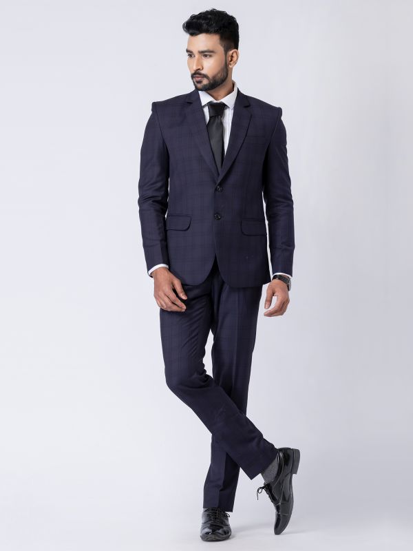 Navy Blue Mens Check Pattern Suit For Mens