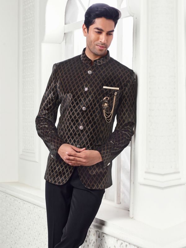 Black Golden Strip Printed Jodhpuri Suit