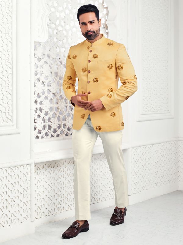 Cream Mens Mandarin Suit In Thread Work