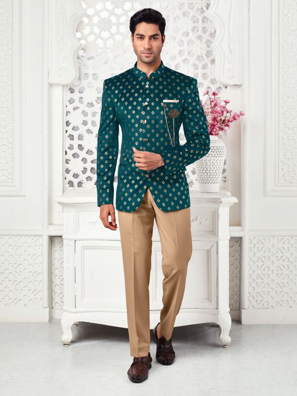 Rama Green Jacquard Silk Mens Bandhgala Suit