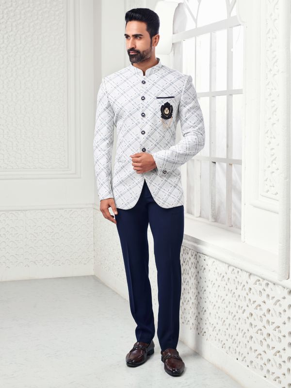 White Printed Jodhpuri Suit For Mens