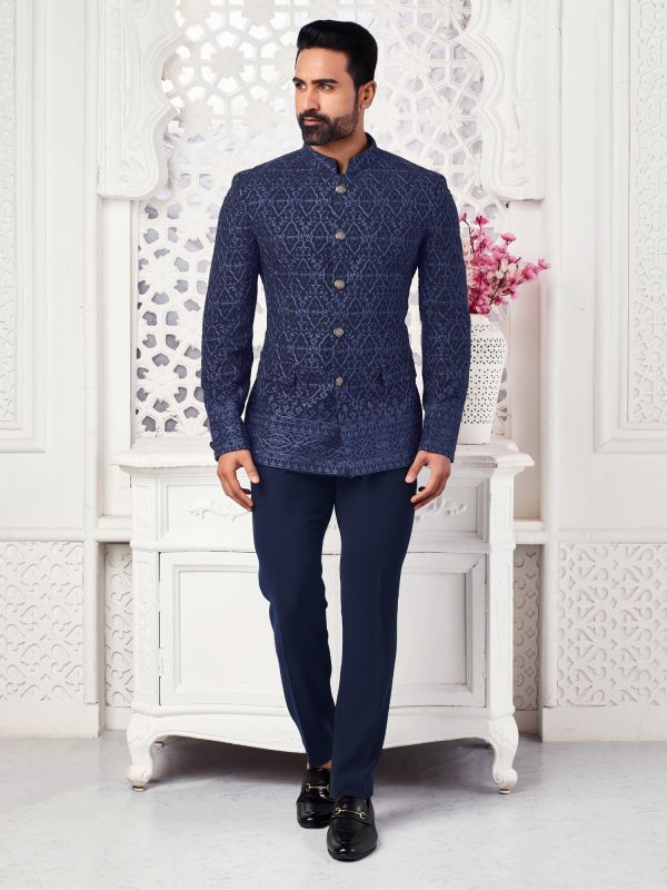 Navy Blue Resham Embroidered Bandhgala Suit