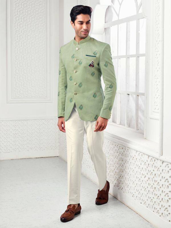 Pista Green Mens Velvet Bandhgala Suit