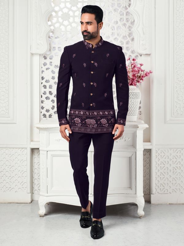 Deep Purple Thread Work Mens Jodhpuri Suit