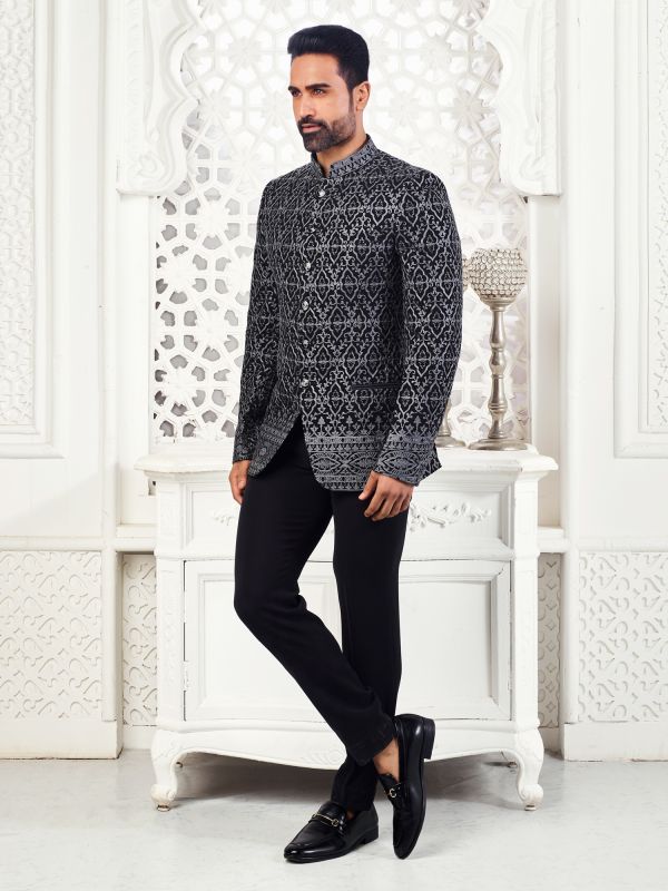 Black Thread Embroidered Men Bandhgala Suit