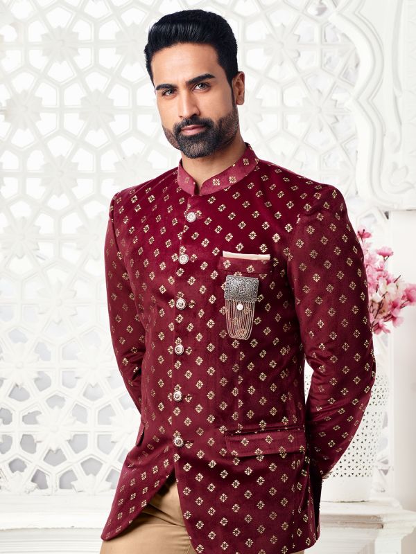 Deep Maroon Velvet Mens Bandhgala Suit