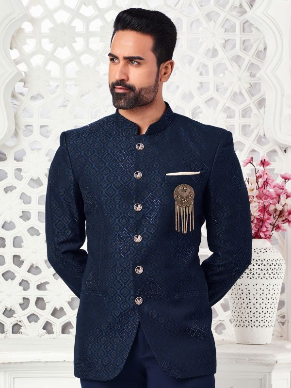 Navy Blue Stone Enhanced Mens Bandhgala Suit