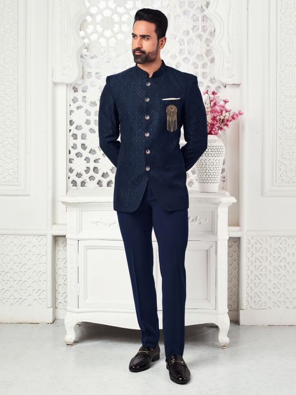 Navy Blue Stone Enhanced Mens Bandhgala Suit