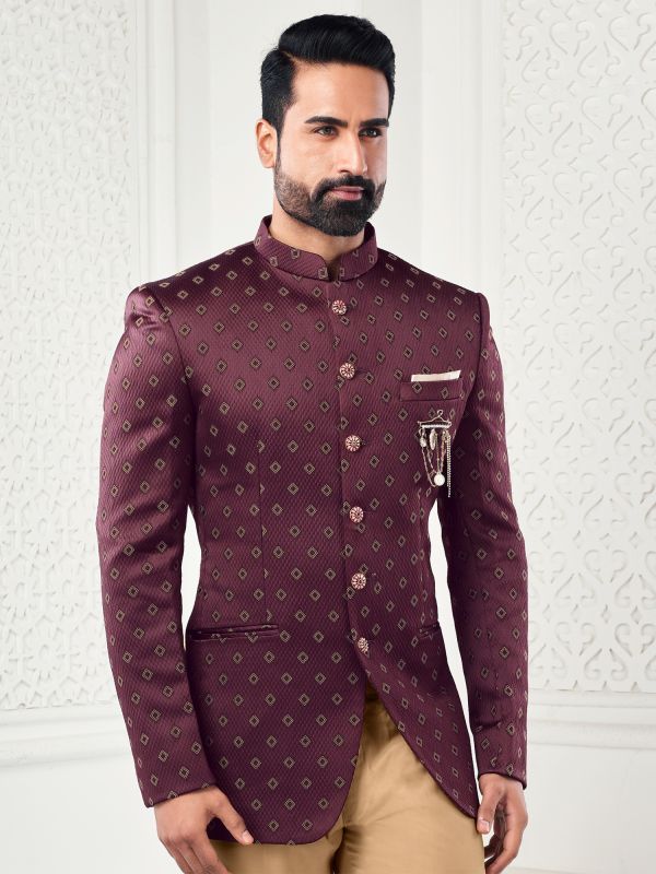 Maroon Printed Mens Jodhpuri Suit