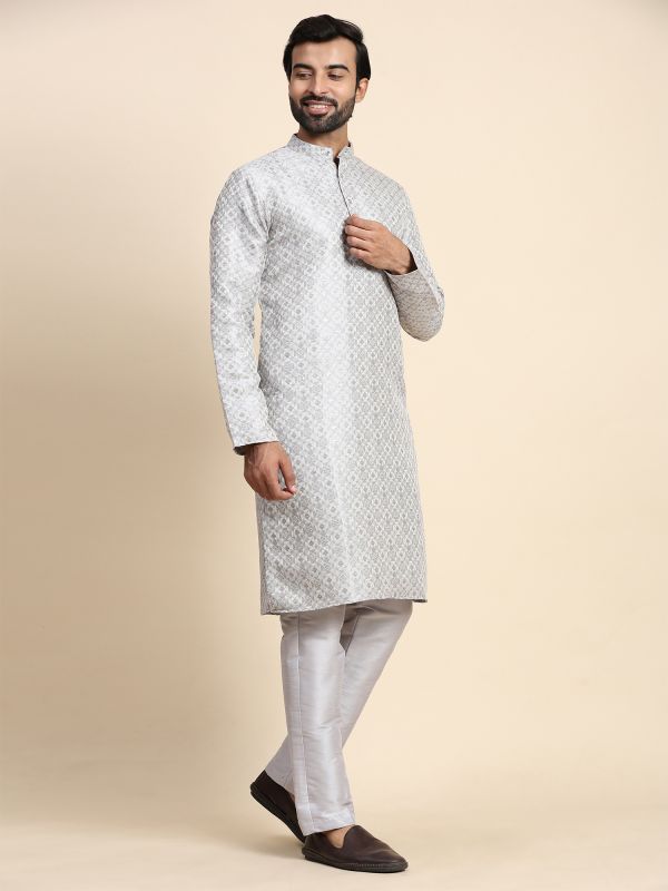 Grey Festive Kurta Pyjama In Jacquard