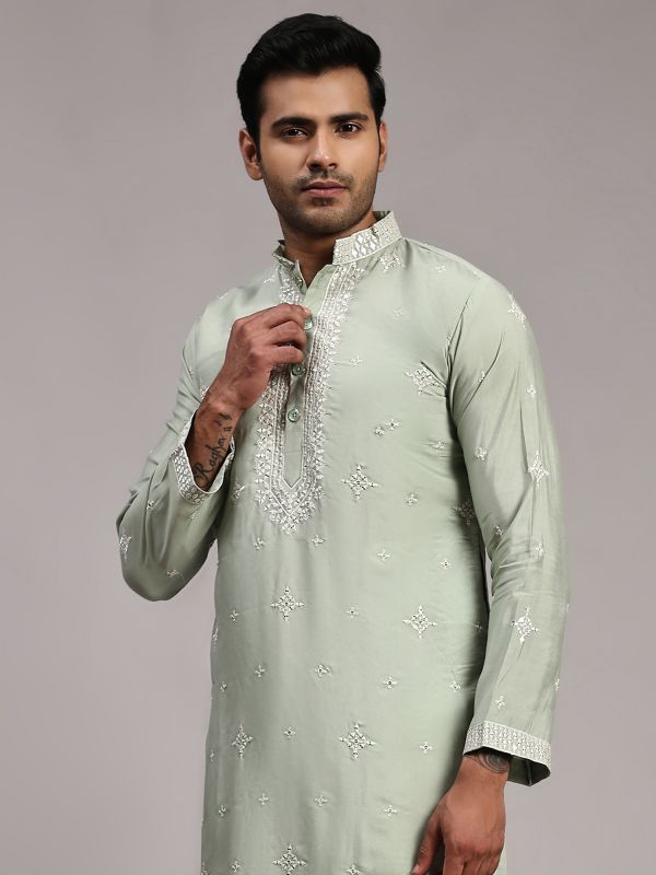 Sage Green Silk Kurta Pyjama For Men