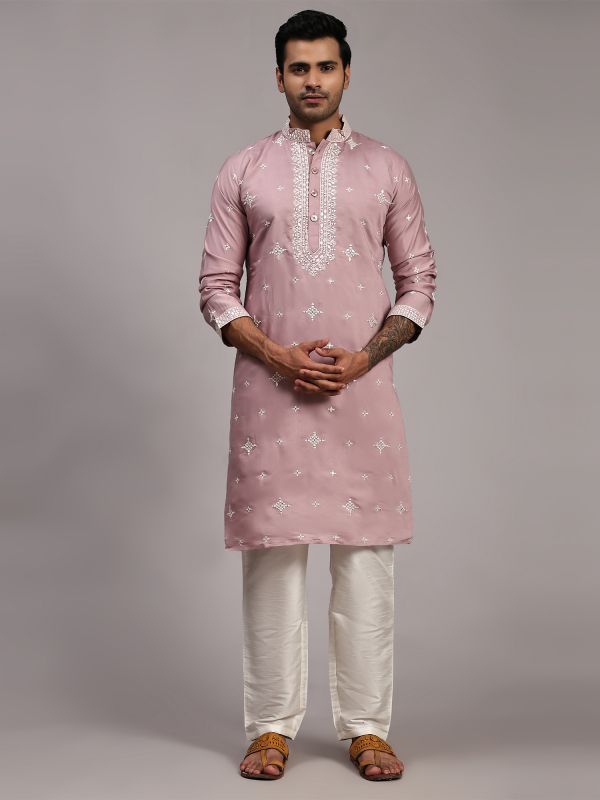 Dusty Pink Men's Kurta Pyjama In Silk