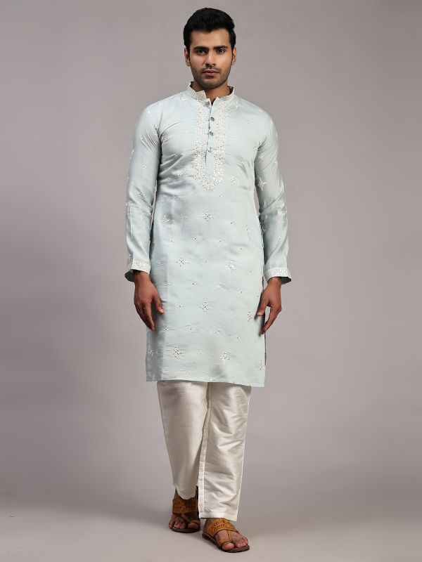 Grey Silk Kurta Pyjama In Thread Work