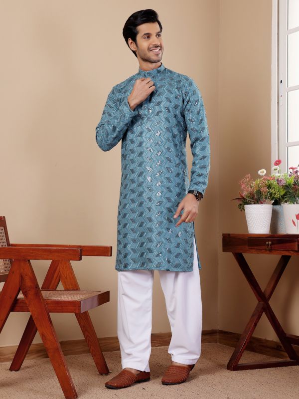 Blue Sequins Work Kurta Pyjama In Rayon