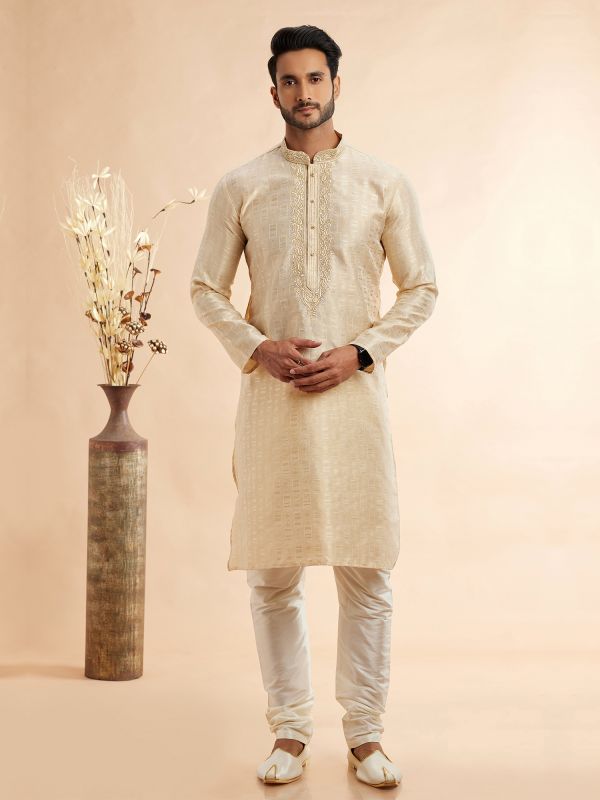 Cream Embroidered Kurta Pyjama In Silk