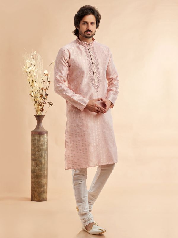 Light Pink Silk Kurta Pyjama For Mens