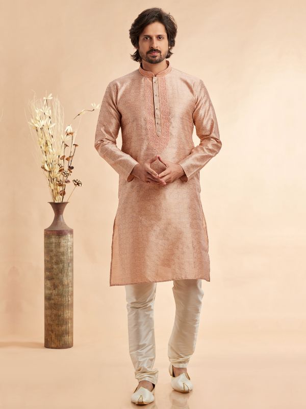 Peach Men's Kurta Set In Floral Work