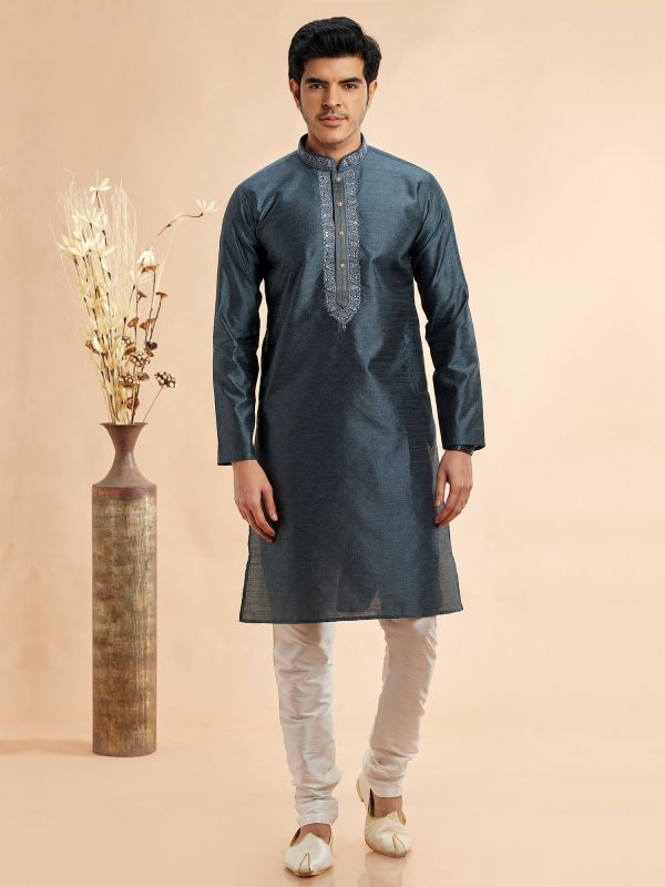 Blue Menswear Silk Kurta Pyjama Set