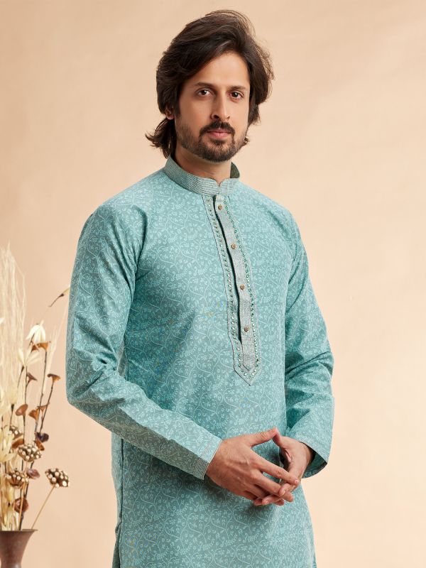 Turquoise Floral Work Men's Kurta Pyjama