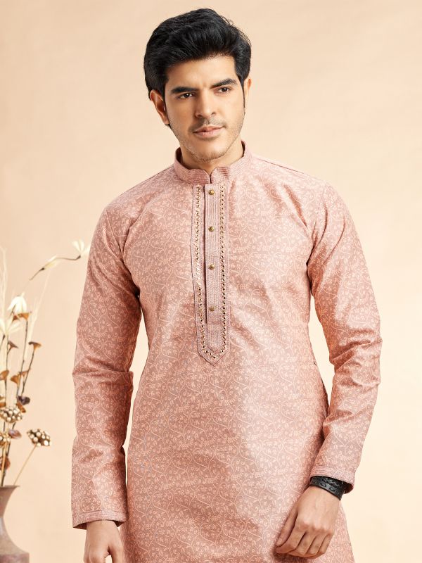 Peach Floral Thread Work Mens Kurta Set