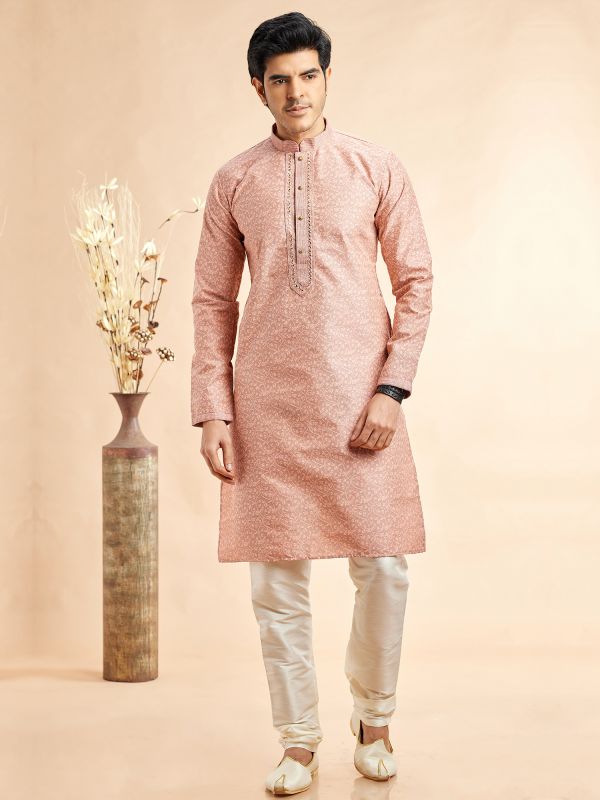 Peach Floral Thread Work Mens Kurta Set