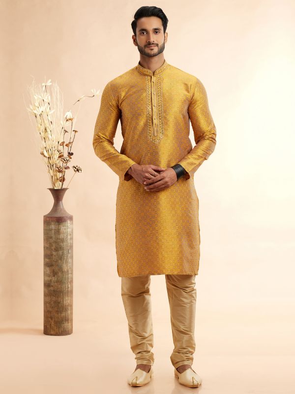 Yellow Silk Kurta Pyjama In Floral Work