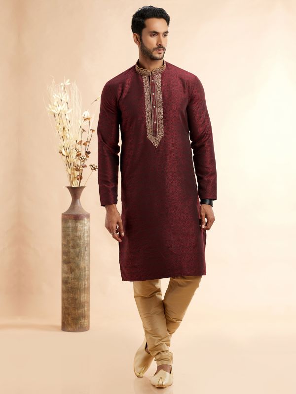 Maroon Floral Embroidered Kurta Pyjama