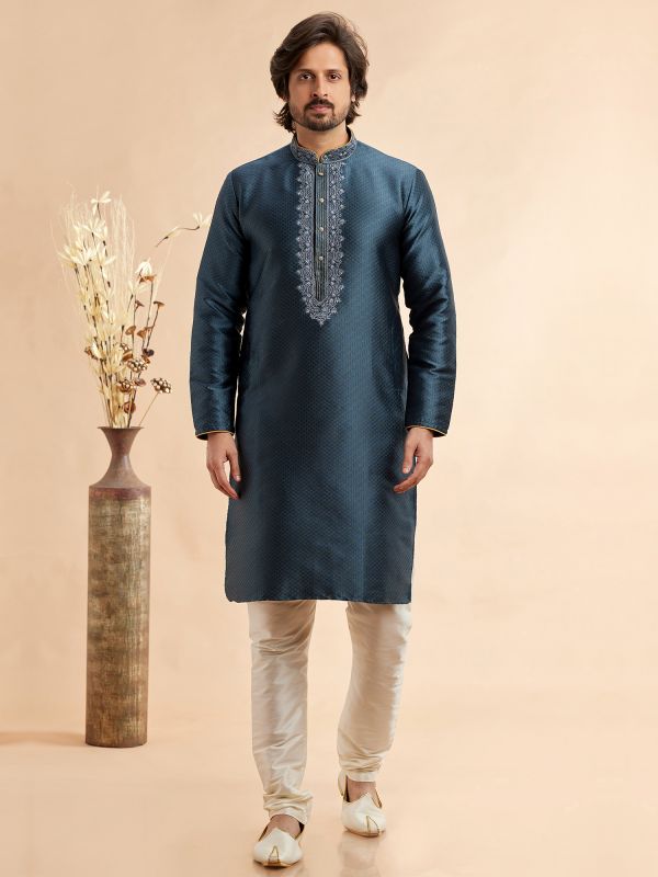 Blue Kurta Pyjama In Silk For Mens