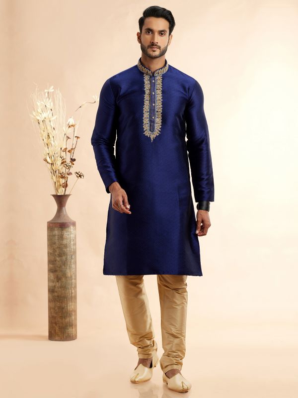 Navy Blue Kurta Set In Floral Work